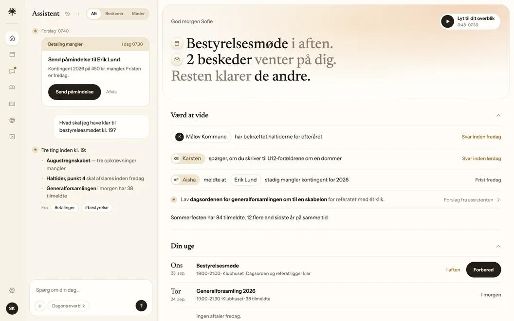 Overblikket i Forenelig: ugens overblik med aftenens bestyrelsesmøde, de beskeder, der venter på svar, og ugens aftaler.